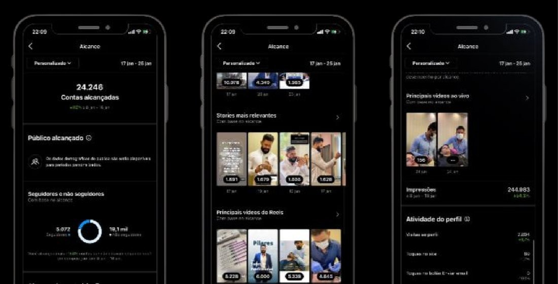 Telas de relatório de alcance no aplicativo do Instagram